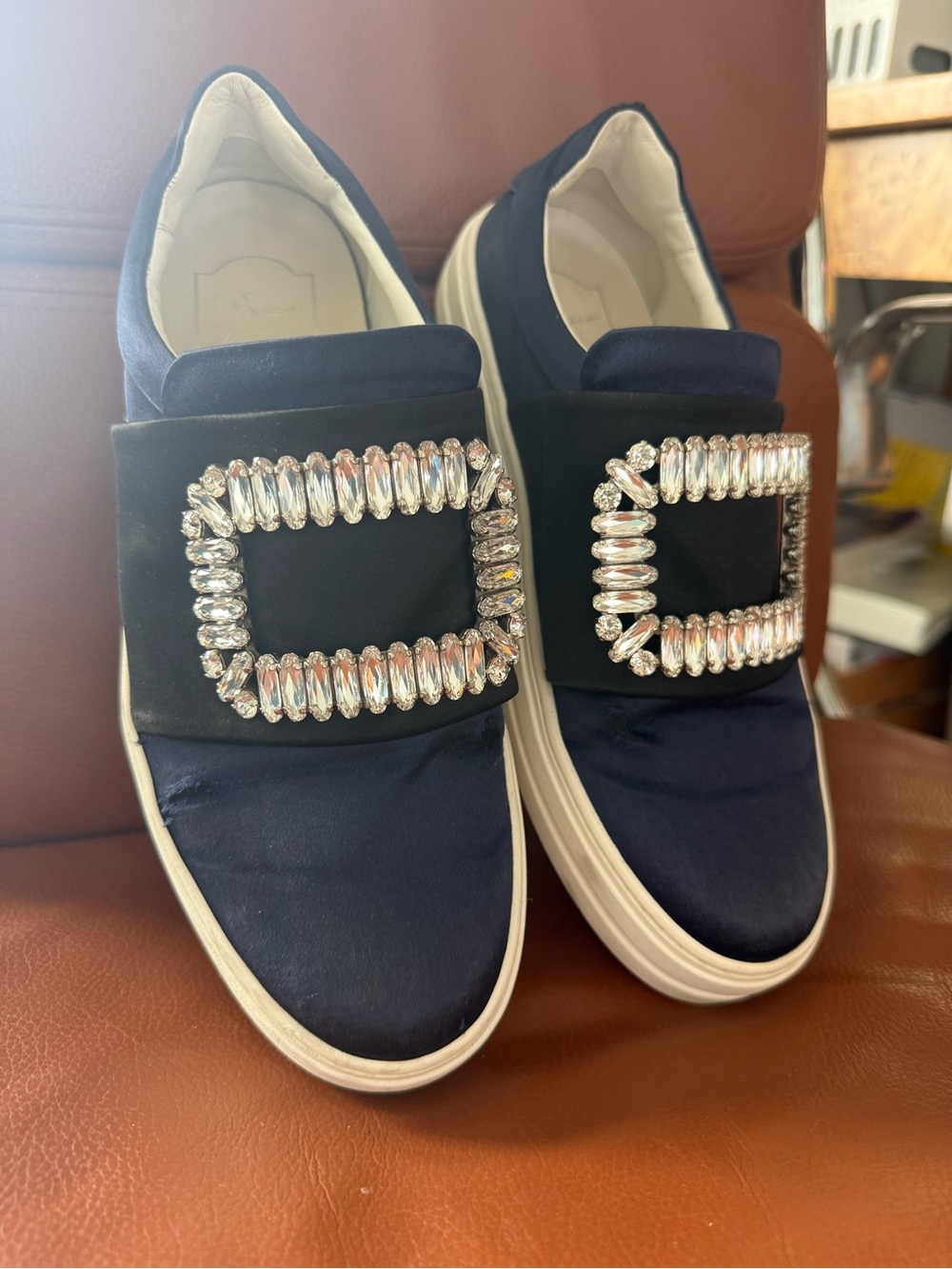 Roger Vivier Women’s Navy Slip-On Sneakers with Crystal Buckle Size 7